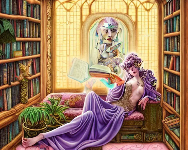 Image similar to a detailed fantasy pastel portrait of a woman wizard in ornate clothing lounging on a purpur pillow on the marble floor in front of her bookcase in a room, reading an ancient tome. to the side is a potted plant, moody light. ancient retrofuturistic setting. key art, focus on face, by chie yoshii and casey weldon