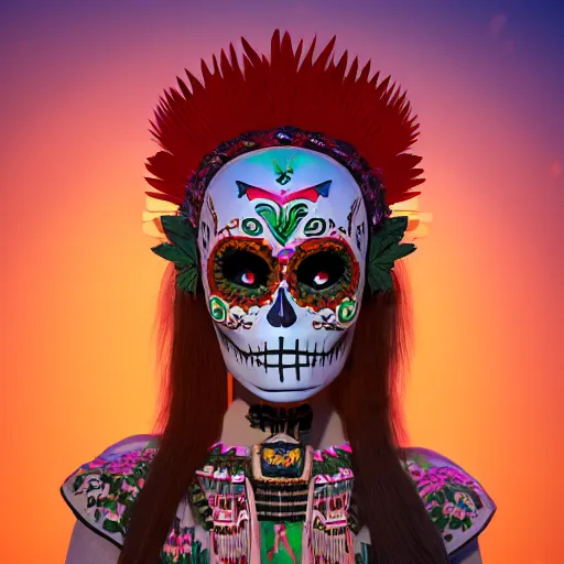 Image similar to zelda wearing dia de los muertos mask, with aztec feathered garments sigma 7 5 mm photo realism, ultra realistic, 8 k resolution, octane render, 3 d render, surreal