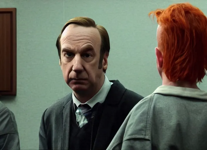 Prompt: saul goodman defending pennywise in court, still from better call saul, shot by wes anderson, symmetrical shot, beautiful shot