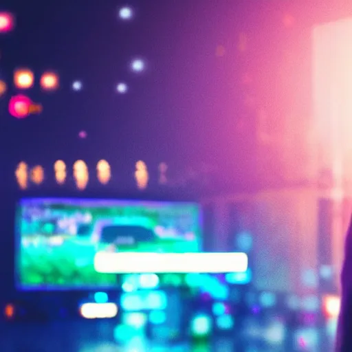 Prompt: a man facing the camera with a 8 0's television instead of his head, neon lights, neon city, deviantart, artstation, bokeh, movie still, award wining photograph