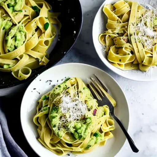 Prompt: a fettuccine pasta with avocado sauce, food photography