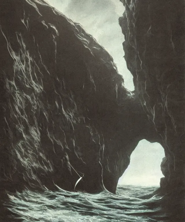 Image similar to realistic photo of a 1 9 2 5 seiner sailing near a tropical skull - shaped cliff with the mouth of a sea cave at the waterline, dark, brooding, atmospheric, lovecraft, horror, smooth, epic, highly detailed, cinematic, by clyde caldwell