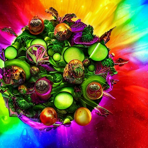 Image similar to Photorealistic magic super salad. Hyperdetailed photorealism, 108 megapixels, amazing depth, glowing rich colors, powerful imagery, psychedelic Overtones, 3D finalrender, 3d shading, cinematic lighting, artstation concept art