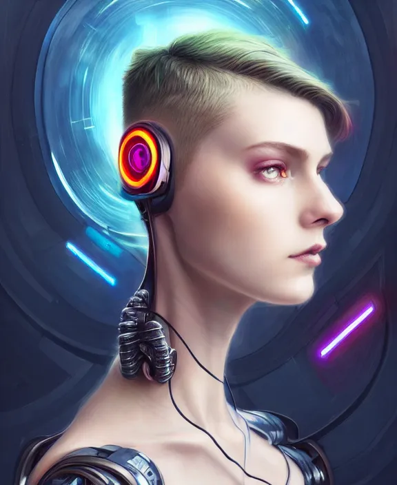 Image similar to a whirlwind of souls rushing inside the metaverse, half body, jewelry, fashionable short haircut, headset, android, cyborg, cyberpunk face, by loish, d & d, fantasy, intricate, elegant, highly detailed, colorful, vivid color, digital painting, artstation, concept art, art by artgerm and greg rutkowski and alphonse mucha