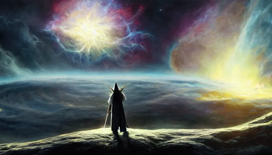 Prompt: a beautiful painting of gandalf watching the crab nebula in the sky of an alien world, ray traced lighting by jean kalin popov and greg rutkowski