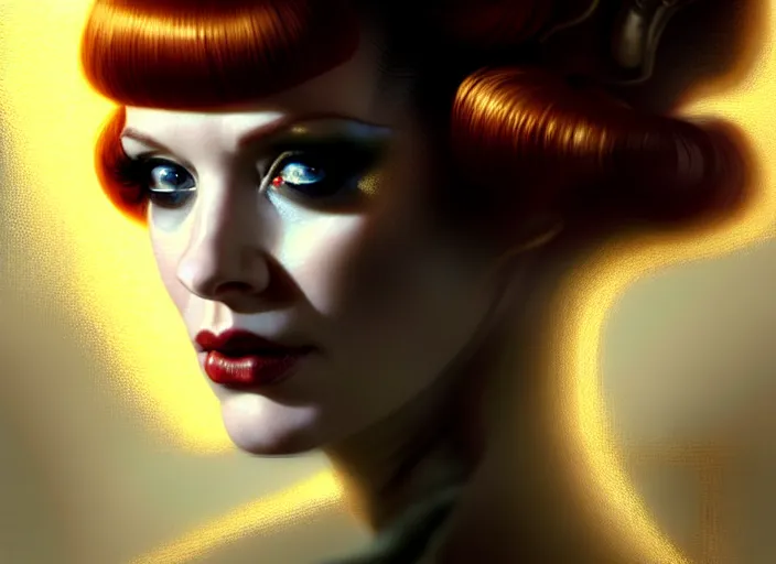 Prompt: portrait shot of christina hendricks in bladerunner wearin a cyberpunk costume, intricate, elegant, highly detailed, centered, digital painting, artstation, concept art, smooth, sharp focus, illustration, artgerm, tomasz alen kopera, peter mohrbacher, donato giancola, joseph christian leyendecker, wlop, boris vallejo