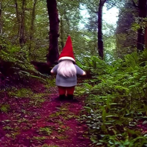 Prompt: bad quality screenshot of a leaked video of a small creature dressed as gnome walking through a forest trail, photo taken from far away, night time, bright camera flash, camera shaking, disturbing, very scary, realistic, very disturbing, ultrarealistic, 480p, scary