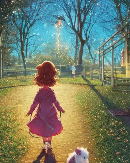 Image similar to a girl walking her small dog at the park, full shot, facing backwards, ambient lighting, detailed, art by ayami kojima, makoto shinkai, kilian eng