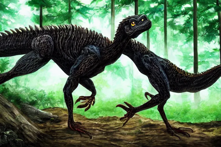 Prompt: highly detailed photograph of a oil velociraptor!!!!! in the forest, featured on pixiv