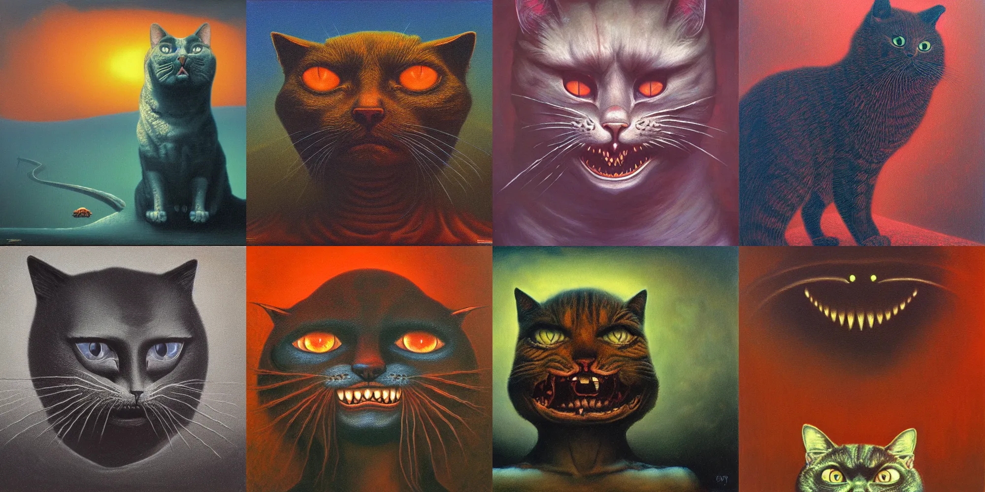 Image similar to grinning evil cat, HD, in style of beksinski, film grain, medium format, 8k resolution, oil on canvas