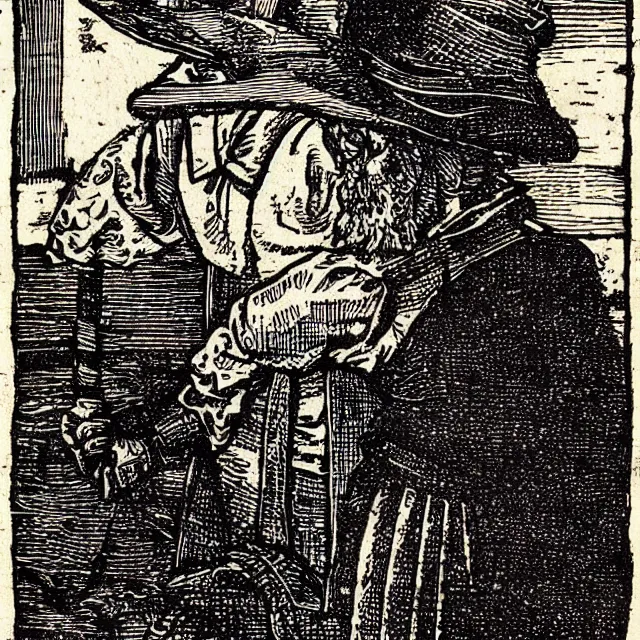 Prompt: “A woodcut of a german tollkeeper by Melchior Lorck (1512)”