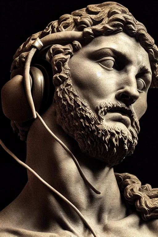 Prompt: a photo of michelangelo's sculpture of david wearing headphones djing, hyper realistic, ambient lighting, concept art, intricate, hyper detailed, smooth, dynamic volumetric lighting, octane, cinematic, high quality, high resolution, 4 k