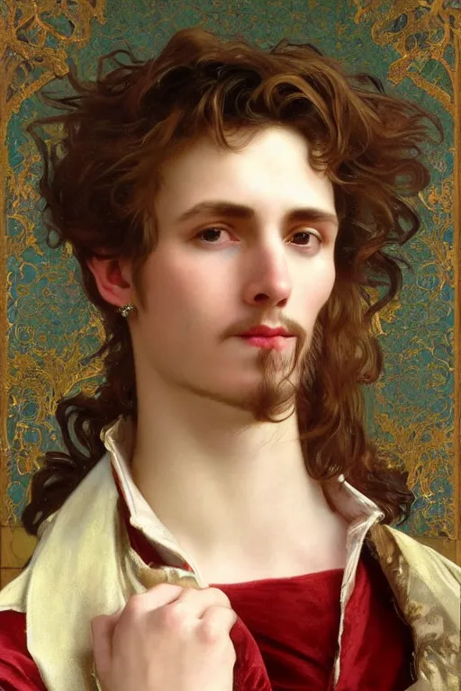 Image similar to close - up portrait of young man, reddish wavy hair, with a pearl earring, dressed in a rich furcoat!!!, beautiful, cinematic lighting, highly detailed, digital art, oil painting, highly detailed, sharp focus, matte painting, renaissance painting, by orest kiprensky, by alphonse mucha, by leyendecker, by rutkowsky,