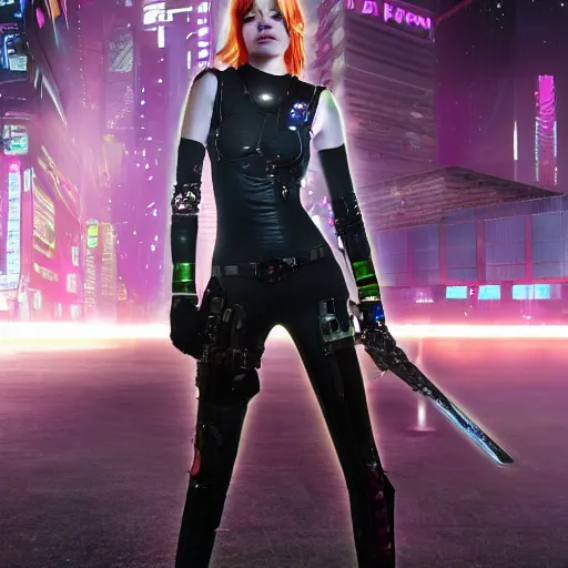 Image similar to full body photo of emma stone as a cyberpunk warrior with weapons