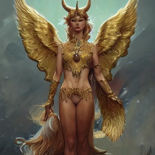Prompt: a golden furry dog with horns and wings, bleeding, D&D, fantasy, intricate, elegant, highly detailed, digital painting, artstation, concept art, smooth, sharp focus, illustration, art by artgerm and greg rutkowski and alphonse mucha
