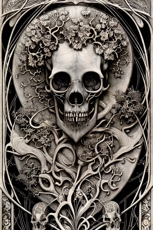 Image similar to art forms of nature by ernst haeckel, memento mori by arthur rackham, ornate antique porcelain beautiful skull mask, ultrasharp, photorealistic, hyperdetailed, octane render, polished, art nouveau, neo - gothic, gothic, intricate ornamental organic filigree, art nouveau botanicals, art forms of nature by ernst haeckel, horizontal symmetry, symbolist, visionary