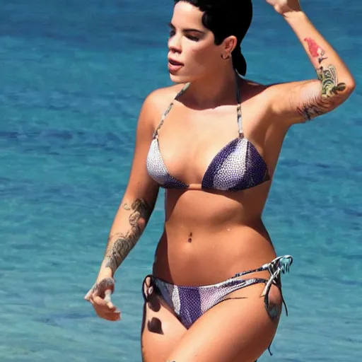 Image similar to halsey in a bikini, hyper realistic