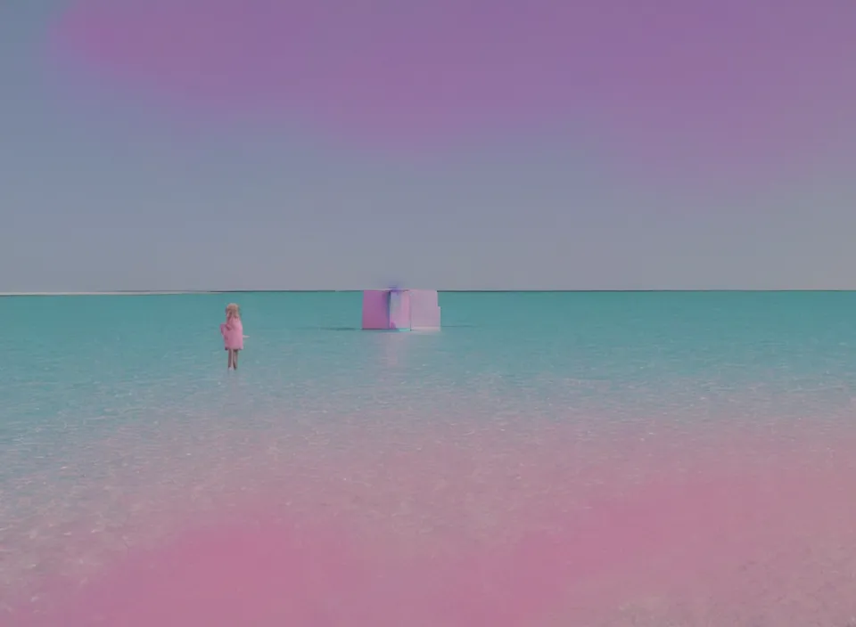 Prompt: a pastel coloured vintage family holiday photo of an empty beach from an alien dreamstate world with chalky pink iridescent!! sand, reflective lavender ocean water, dim bioluminescent plant life and an igloo shaped shiny plastic festival stage and transparent sound system!! glare. refraction, volumetric light.