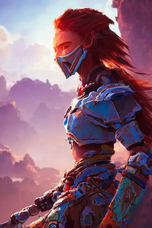 Image similar to combination suit armor aloy horizon forbidden west horizon zero dawn radiating a glowing aura global illumination ray tracing hdr fanart arstation by ian pesty and alena aenami artworks in 4 k tribal robot ninja mask helmet backpack