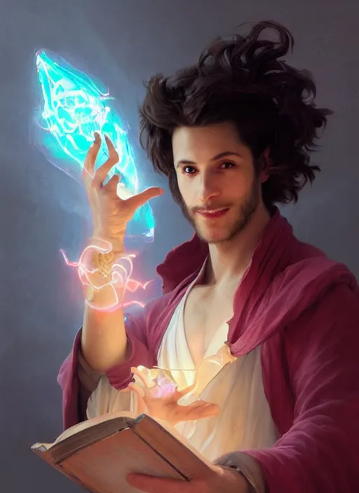 Image similar to character concept portrait of an attractive young smiling Spanish wizard with pink skin conjuring a love spell, a floating iridescent spell book in the center, intricate, elegant, digital painting, concept art, smooth, sharp focus, illustration, from Metal Gear, by Ruan Jia and Mandy Jurgens and William-Adolphe Bouguereau, Artgerm