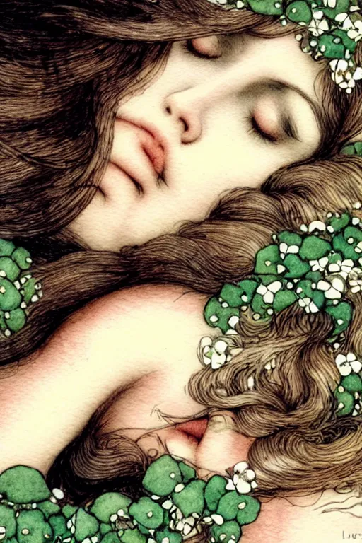 Image similar to closeup face shot of sleeping woman with long hair on a bed surrounded by ivy and flowers, fantasy art, trending on artstation, sleeping beauty fairytale, art by luis royo and walter crane and kay nielsen, watercolor illustration,
