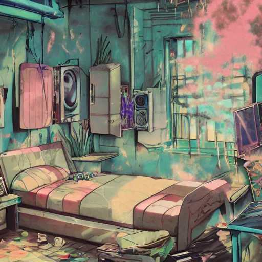 Prompt: painted anime background of the interior of a bedroom in the slums built from various coral seashells and being reclaimed by nature, nostalgia, vaporwave, litter, steampunk, cyberpunk, caustics, anime, vhs distortion, inspired by splatoon by nintendo, art created by miyazaki