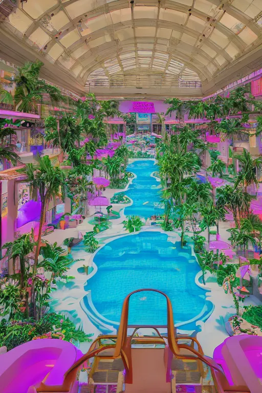 Prompt: vaporwave aesthetic indoor liminal 90s mall with a lazy river, cinematography by Wes Anderson, Wide angle shot, 4k octane render, Fuji film, intricate detail, photoreal, cinematic, sublime atmosphere