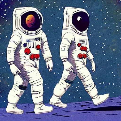 Prompt: Astronauts walking about on the moon with the earth in the background. In the style of Howard Finster painting.