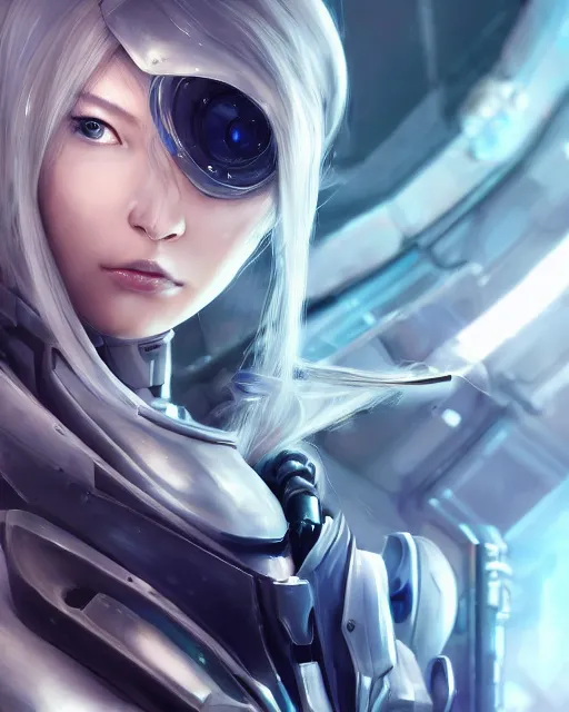 Image similar to detailed portrait of perfect android girl, warframe armor, beautiful face, scifi, futuristic, space station, laboratory, song hye - kyo, dreamy, long white hair, blue cyborg eyes, cinematic lighting, innocent, highly detailed, sharp focus, smooth, artstation, intricate, award winning, pure aura, divine, by akihiko yoshida