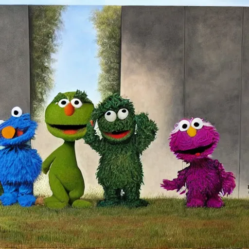 Image similar to Sesame Street characters at the Vietnam War Memorial, realistic, oil painting, by Russell Drysdale