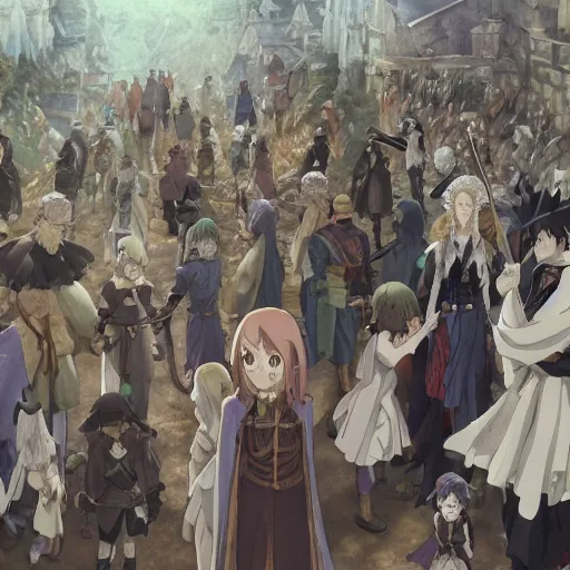 Image similar to A crowd of medieval fantasy characters, movie, digital art, 8k, character, realistic, portrait, photorealism, japan watercolour, masterpiece art, manga and anime, official Kyoto Animation and Studio Ghibli anime screenshot, by Range Murata and Makoto Shinkai