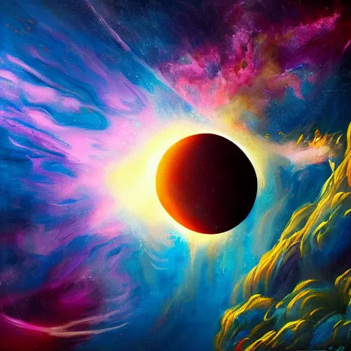 Image similar to beautiful aesthetic painting of two rocky alien planets colliding in an explosion : sci - fi, retrofuturism, space art, abstract expressionism, oil on canvas, 4 k ultra hd, highly detailed, digital art, trending on artstation