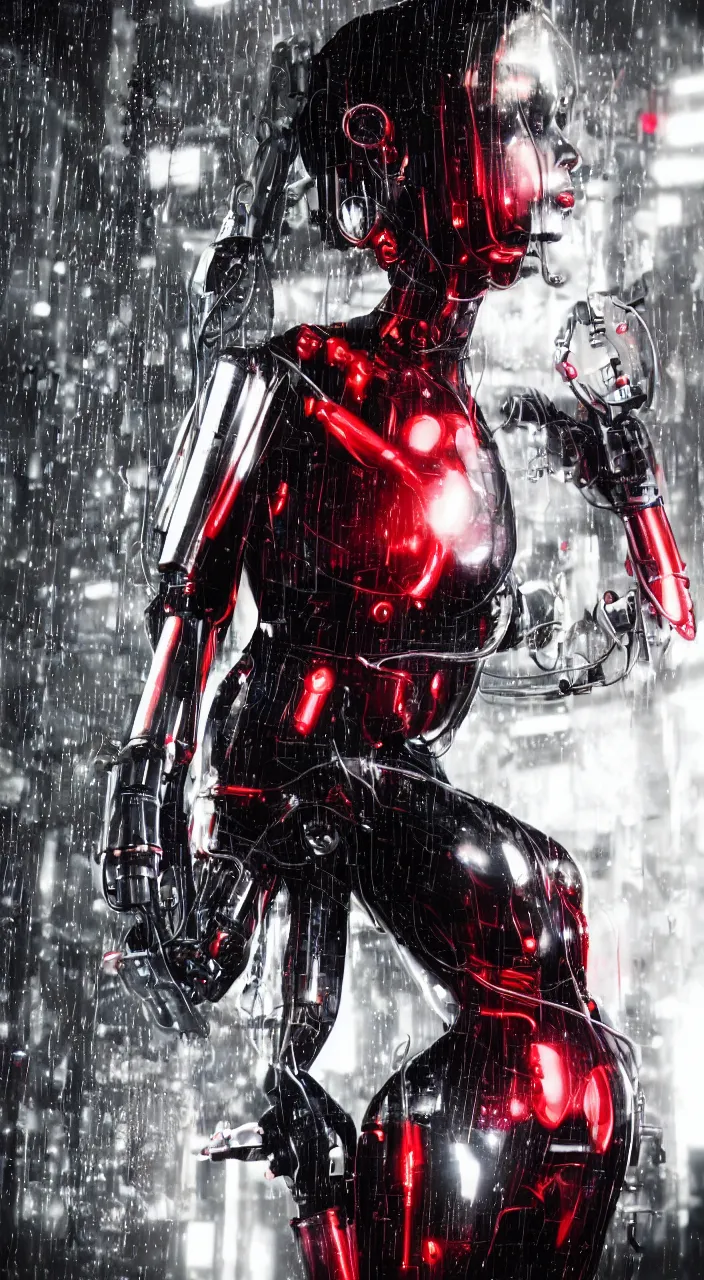 Prompt: woman, android, robot, cyberpunk, robotic limbs, circuit, wires, mechanisms, tattoos, neon lights, hard light, lense flares, glamour, vogue photoshoot, fashion, short dress, red dress, silk, sexy dress, legs, thighs, high heels, raindrops, rain, wet, wet fabric, make - up, leaky make - up, red lipstick