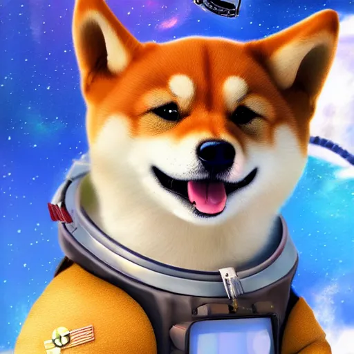 Prompt: cute shiba in an astronaut suit steering a flying ship, treasure planet style, digital art, 4 k, realistic, vivid colors