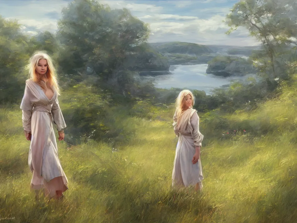 Image similar to blonde female jedi, Swedish countryside, landscape view, archipelago, painting by Vladimir Volegov, wlop, artstation