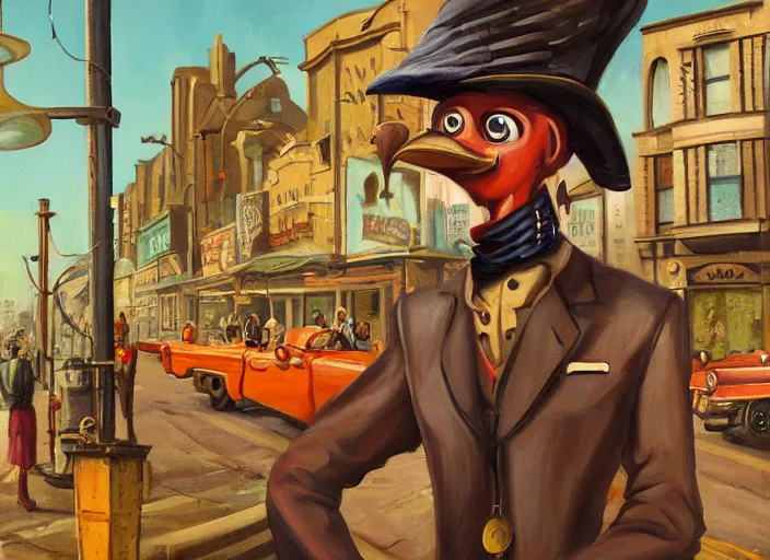 Image similar to painting of an anthropomorphic bird engineer standing on a busy steampunk city street. hd. 1 9 5 0 s oil painting style.