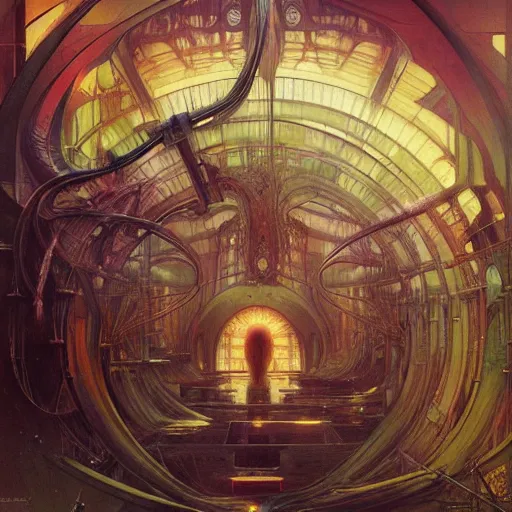 Image similar to inside epic futuristic structure by raymond swanland, alphonse mucha and zdzisław beksinski, highly detailed