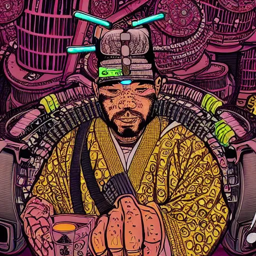 Image similar to intricate detailed artwork of a samurai dj at an underground warehouse rave in the style of Geof Darrow, wires, speakers, neon