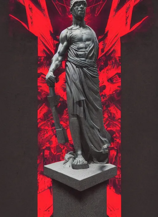 Image similar to design poster showing a statue of julius caesar, black background with very subtle red and purple design elements, powerful, nekro, guido crepax, graphic design, collage art, thin lines, dark, glitch art, neo vaporwave, gritty, layout frame, square, trending on artstation