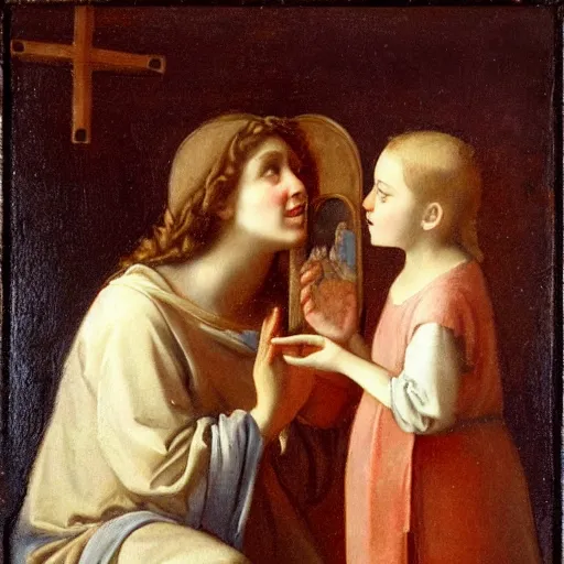 Prompt: an oil panting of a young jesus kissing maria maddalena