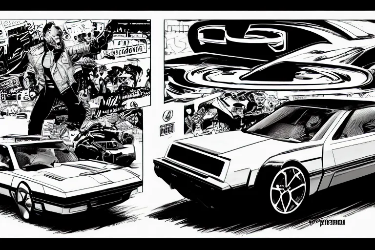 Image similar to ford concept car, a page from cyberpunk 2 0 2 0, style of paolo parente, style of mike jackson, adam smasher, johnny silverhand, 1 9 9 0 s comic book style, white background, ink drawing, black and white