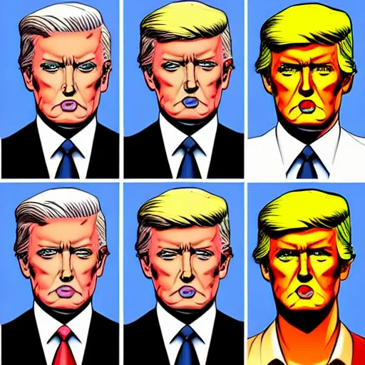 Image similar to character portrait inspired by max headroom and donald trump, digital art work made in comic art style, highly detailed macabre face, realistic