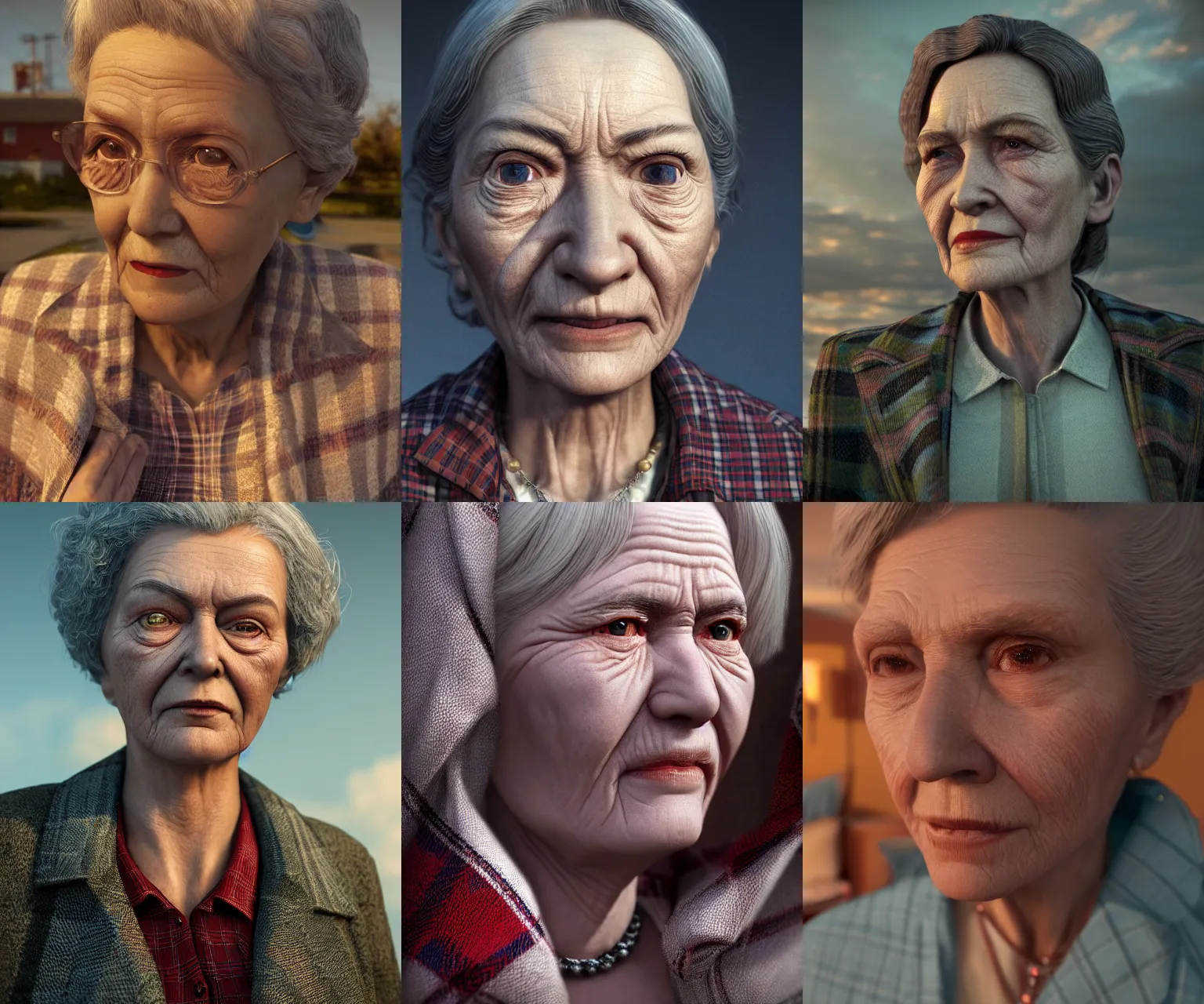 Prompt: incredibly realistic, too detailed face of motel owner matriarch, granny with hidden eyes and plaid dress shirt, octane render, bump mapping, macro image, global illumination, 8 k, bokeh, enki bilal, yuji himukai, jen zee, peter mohrbacher