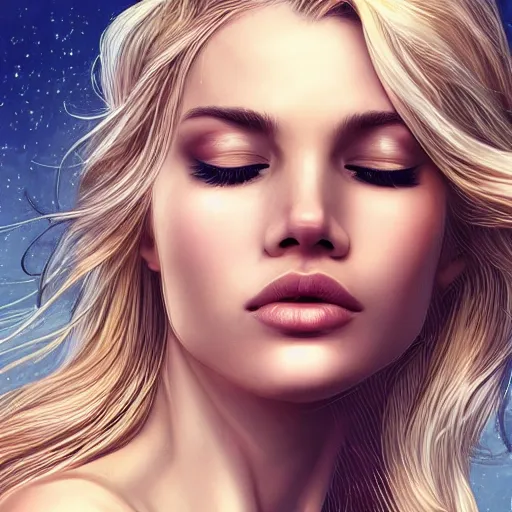 Prompt: a very beautiful blonde woman with her head leaning backwards, god ray across her face, eyes closed, front shot, close - up, hyper detailed, high contrast, bokeh background, realistic, digital art by magali villeneuve and artgerm, sharp focus 4 k