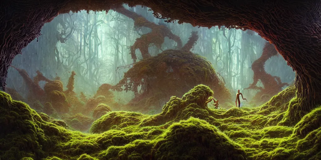 Image similar to a mossy alien planet land scape by karol bak, james jean, tom bagshaw, rococo, sharp focus, trending on artstation, cinematic lighting, hyper realism, octane render, 8 k, hyper detailed, vivid, ultra detailed, highly detailed