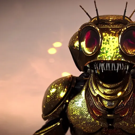 Image similar to a insect alien with a very detailed armour covered in blood eyes of gold sparkles cinematic high quality, sharp, unreal engine 5