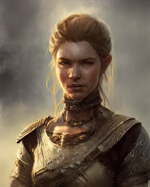 Image similar to the elder scrolls vi, charismatic rugged female nord warrior portrait, illustration, rim light, top light, perfectly shaded, golden ratio, epic, intricate, soft painting, art by ross tran, krenz cushart and wenjun lin