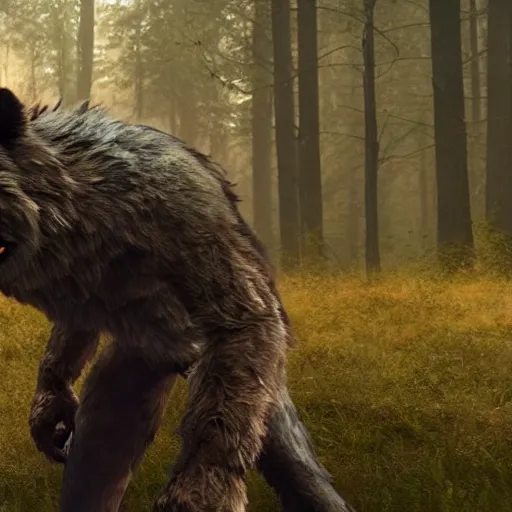 Prompt: furry anthro epic film still cinematic full body realistic werewolf from the movie Van Helsing forest in background