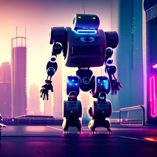 Image similar to a cute big robots in a cyberpunk city. super realistic 8 k render of a elegant, cinematic composition