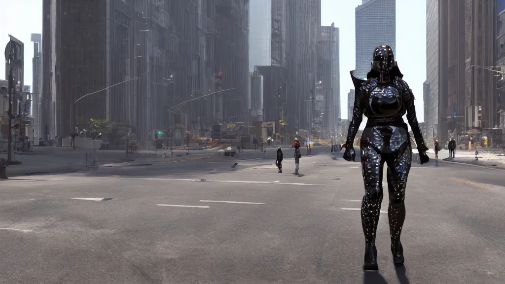 Image similar to modern sci-fi ninja woman with a mechanical sword and translucent shiny armour, walking towards oncoming traffic in downtown chicago, daytime, matte painting, unreal engine, cinematic camera, mirrors edge, inception